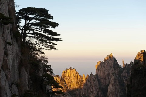 Bizarre towering rocks and mountains covered with scattered trees