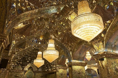 Ceiling of the prayer hall with chandeliers
