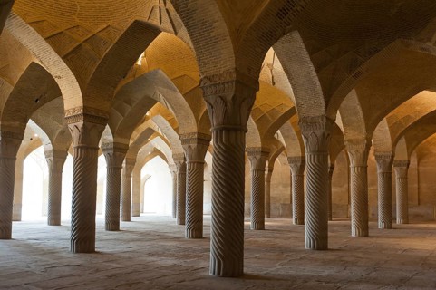 Decorated pillars in the prayer hall of the mosque Wakil also Vakil Mosque or Masjid-e Vakil