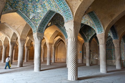 Decorated pillars in the prayer hall of the mosque Wakil also Vakil Mosque or Masjid-e Vakil