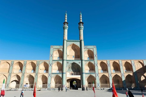Tekiyeh Amir Chaqmaq Square and facade of former mosque with twin minarets