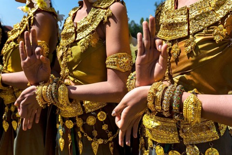 Apsara dancers in traditional costumes at the elephant festival