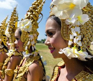 Apsara dancers in traditional costumes at the Elephant Festival