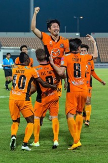 Goal celebration Satoshi Naganoof the FC Nakhon Ratchasima