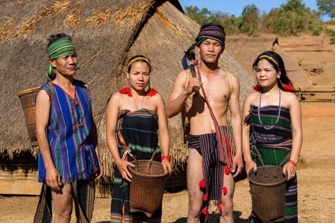 Native Phnong people wearing traditional costume
