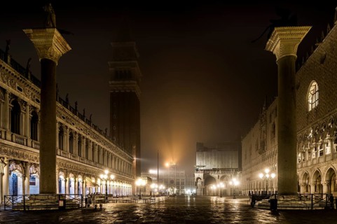 Doge's Palace and Campanile in a foggy night
