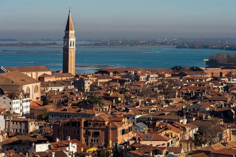 View of historic centre with church San Francesco della Vigna over the lagoon