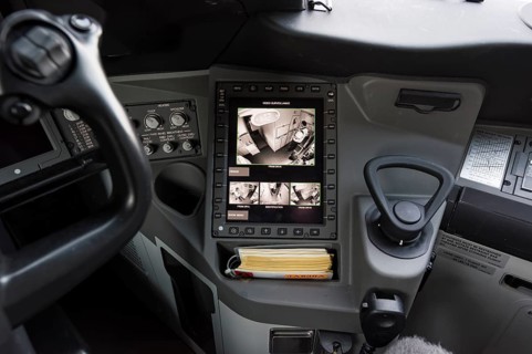 A surveillance monitor in the cockpit of a Boeing 787-9 Dreamliner of the airline ANA indicates the space in front of the armored cockpit door from different perspectives