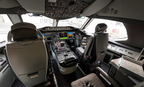 Cockpit of a Boeing 787-9 Dreamliner of the airline ANA at Munich Airport