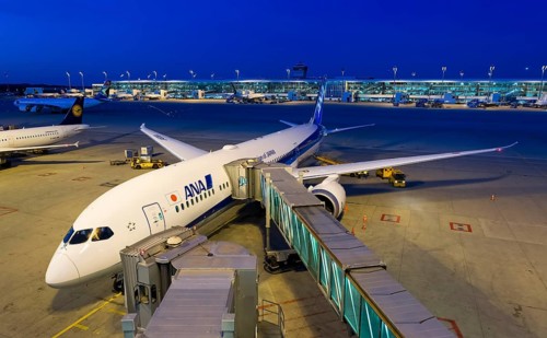 A Boeing 787-9 Dreamliner of the airline ANA at Terminal 2 at Munich Airport