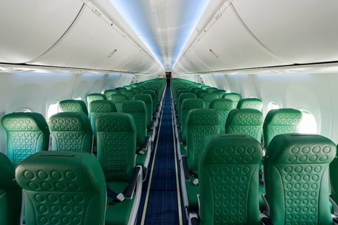 Passenger cabin of a Boeing 737-800 of the Transavia airline