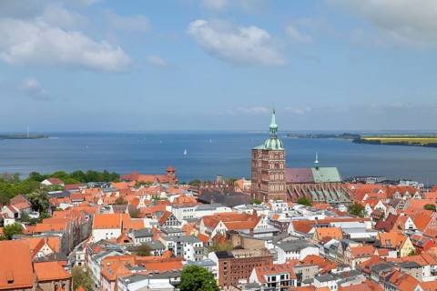 View of the city with St. Nicholas' Church as seen from the tower of St. Mary's Church