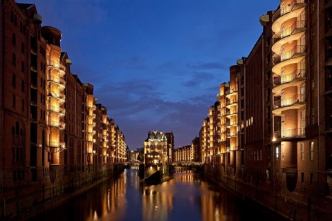 Speicherstadt with Wasserschlosschen little water castle in the late evening