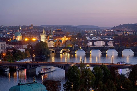 iew from the Letna hill on Moldova and bridges at night