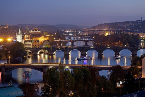 iew from the Letna hill on Moldova and bridges at night
