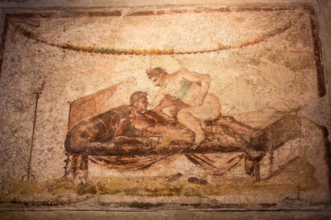 Erotic mural in the ancient brothel of Africanus