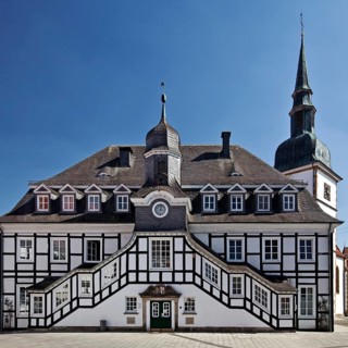 Historic town hall with St. Johannes Baptist parish church