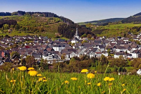 View of the town in spring with the church of St. Heribert