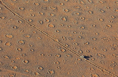 A vehicle of the balloon ground crew crosses a sandy plain with so-called Fairy Circles at the edge of the Namib Desert