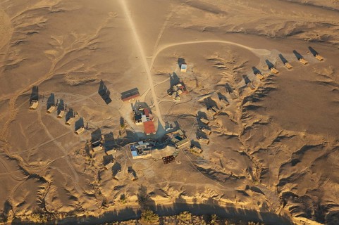 Aerial view of the Kulala Desert Lodge at the bank of the dry riverbed of the Tsauchab river