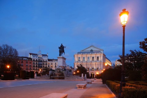 Opera house Teatro Real on the Plaza de Oriente at dusk