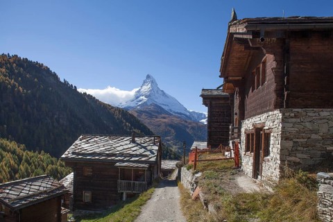 Valais timber houses in the mountain village Findeln with Matterhorn
