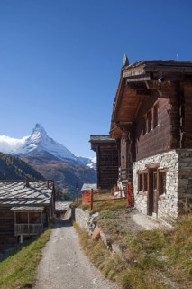 Valais timber houses in the mountain village Findeln with Matterhorn