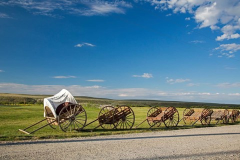 Handcarts on display at Mormon Handcart Historic Site where Mormon pioneers crossed Sweetwater River for the sixth time
