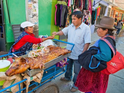 A Quechua Indian woman selling roasted suckling pig and sandwiches on the road