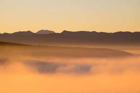 Morning fog at sunrise over the Pupplinger Au
