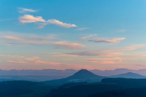Hegau landscape with Hohenhewen Mountain and Hohenstoffeln Mountain