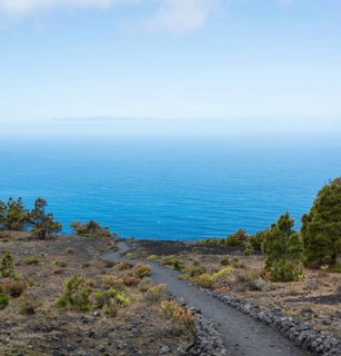 Hiking trail through a lava landscape