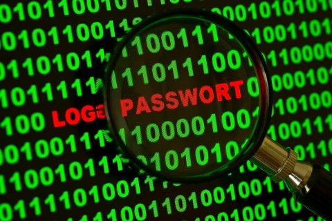 Binary code with the words 'Login Passwort' viewed through a magnifying glass