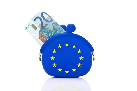 20 euro bill sticking out of a blue purse with euro-stars
