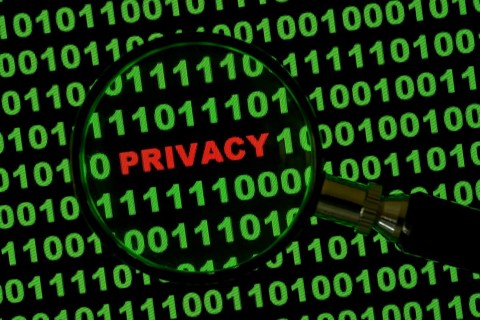 Binary code with the word 'Privacy' viewed through a magnifying glass