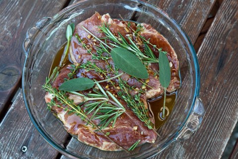 Pork neck steaks in marinade with herbs