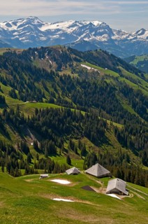 Pre-alpine landscape with alpine cabins