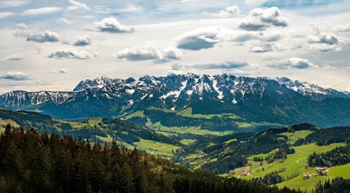 Snow-covered mountain range Zahmer Kaiser seen from the top of Spitzstein