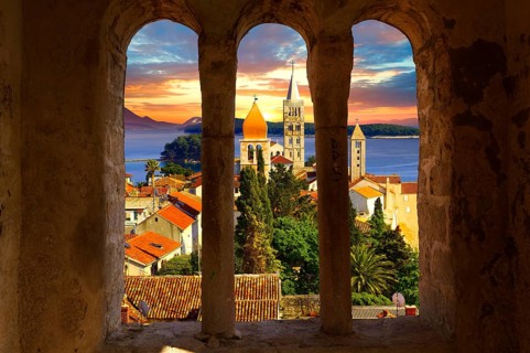 View from St John Church tower over the medieval roof tops of Rab town