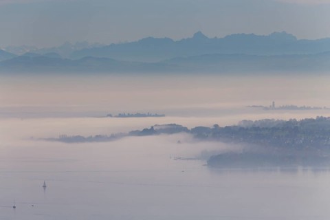 Fog over Lake Constance with a view towards Dingelsdorf