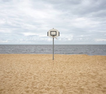Basketball hoop on a deserted North Sea beach