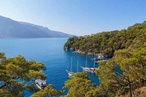 Excursion boats mooring off Oludeniz near Fethiye