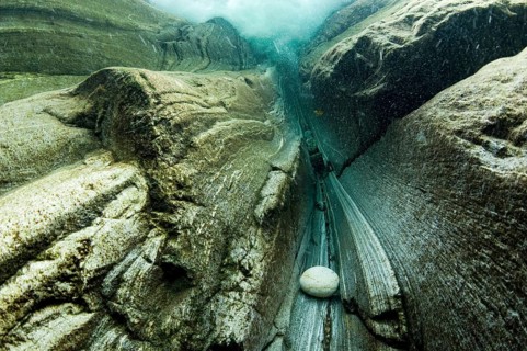 Underwater view of a waterfall in the Verzasca River