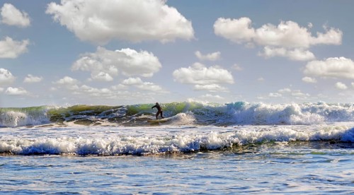 Surfer in the surf on the Pacific beach near Cambria