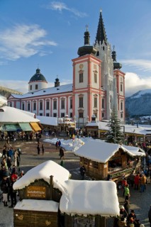 Christmas market in front of the Mariazell Basilica on the main square of Mariazell