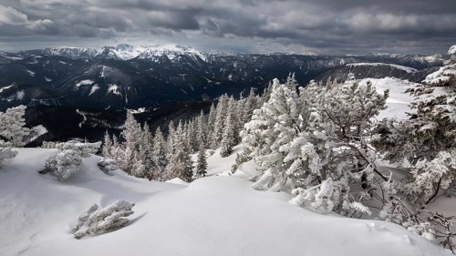 Hochschwab Range with a winter forest covered in deep snow