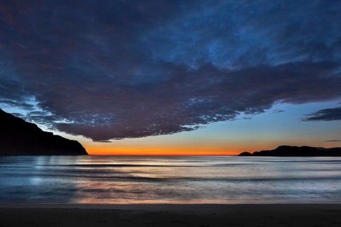 Refviksanden Beach on the island of Vagsoy in the evening light