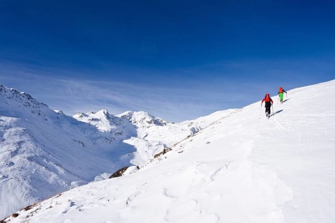 Ski touring in the ascent to the Kalfanwand in Val Martello