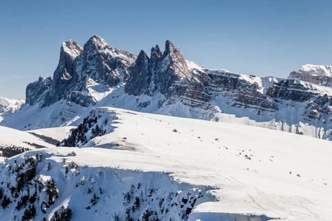 View from the Rasciesa above Ortisei in Val Gardena on the Odle