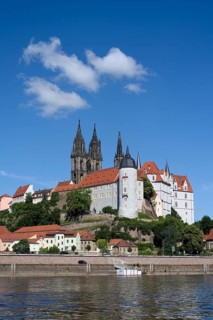 Elbe river in front of the Albrecht Castle with the cathedral of Meissen